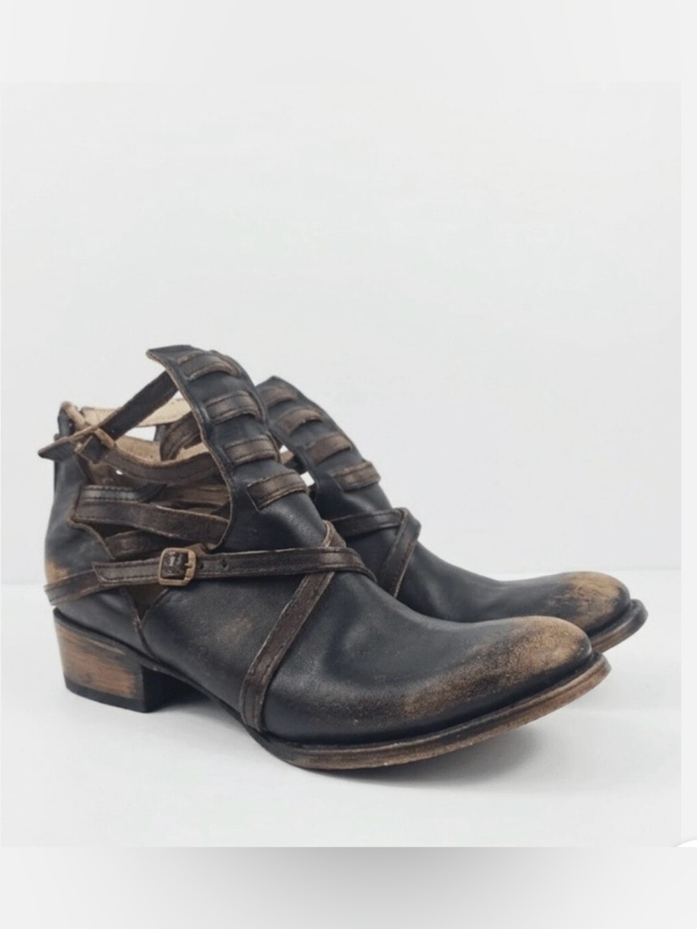 Freebird by Steven Distressed Black & Brown Leather Cutout Ankle Boots